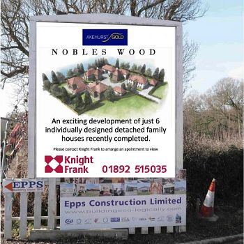Knight Frank site entrance sign on legs aluminon size 16Ft x 8Ft fitted in Kent